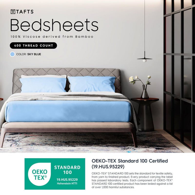 Tafts Cali-King Sheets Set, Pure 100% Viscose derived from Bamboo Bed Sheets Set, Luxuriously Soft, Silky, Cooling Sheets, Double Stitched, Lifetime Quality Promise (Sky Blue) - Image 2